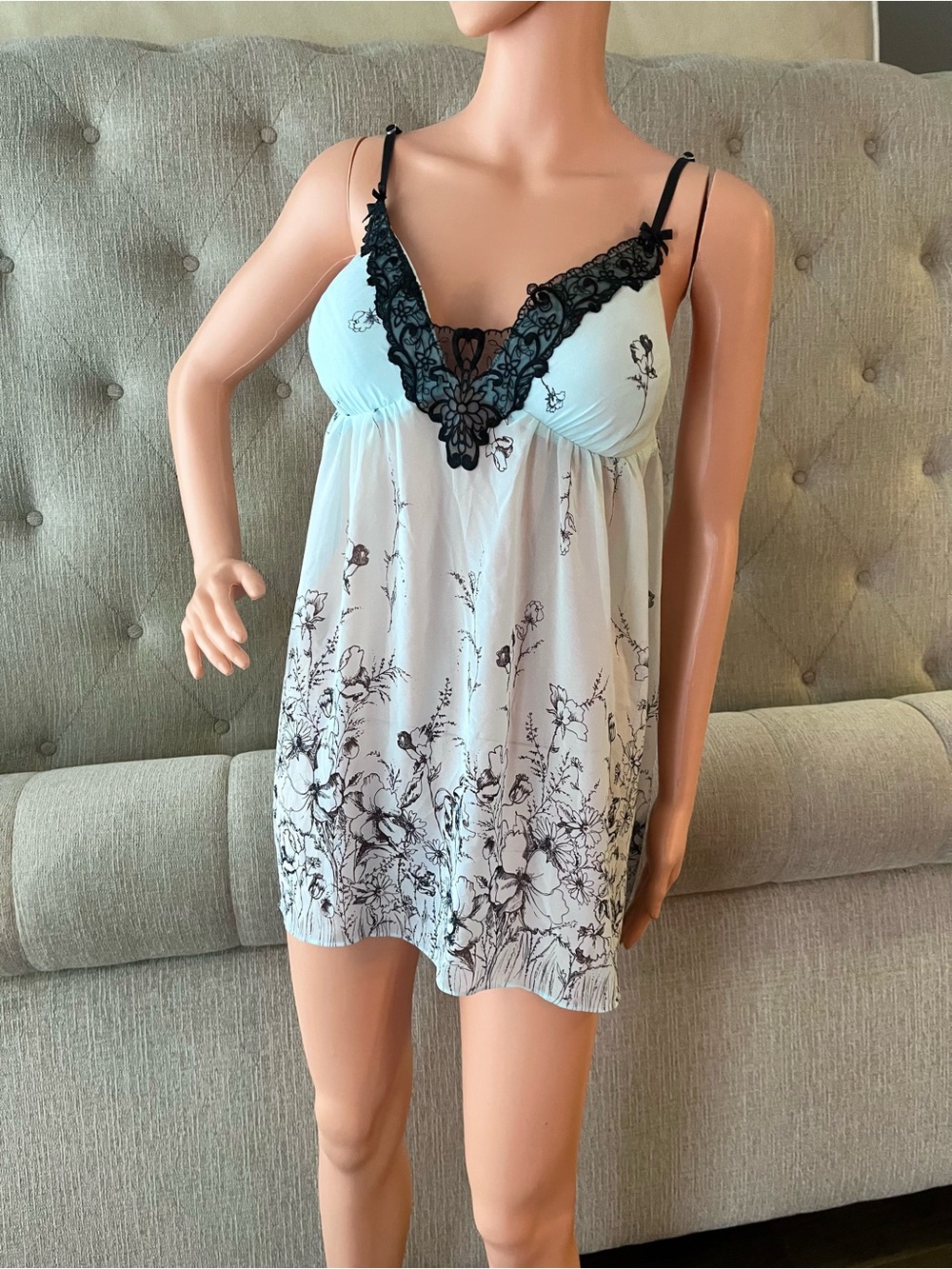 Apt 9 Sheer Floral Lace-Trim Babydoll Chemise - Light baby Blue with Black Lace